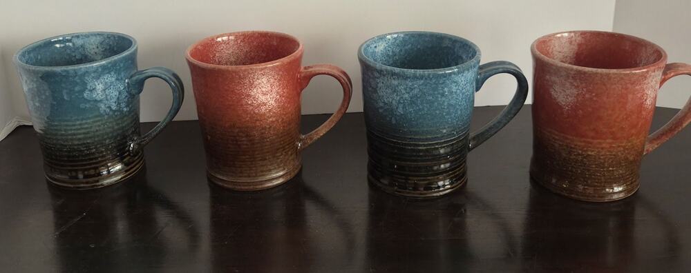 Set Of 4 Coffee Mug Stoneware Over And Back Blue Brown Large 15 Oz